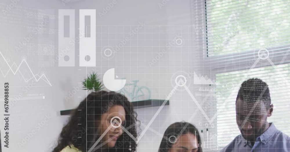 Poster animation of statistical data processing against diverse colleagues discussing at office