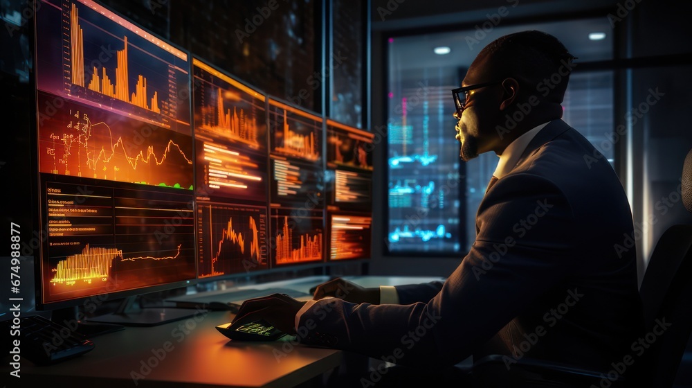 Poster a computer expert is working in front of a monitor screen, in a dark room.