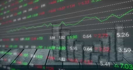 Animation of stock market data processing against stack of coins on wooden plank - Powered by Adobe