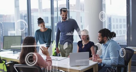 Animation of statistical data processing on team of diverse colleagues discussing together at office - Powered by Adobe