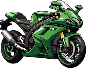 Vector illustration of a green motorcycle against a white background. © Wirestock
