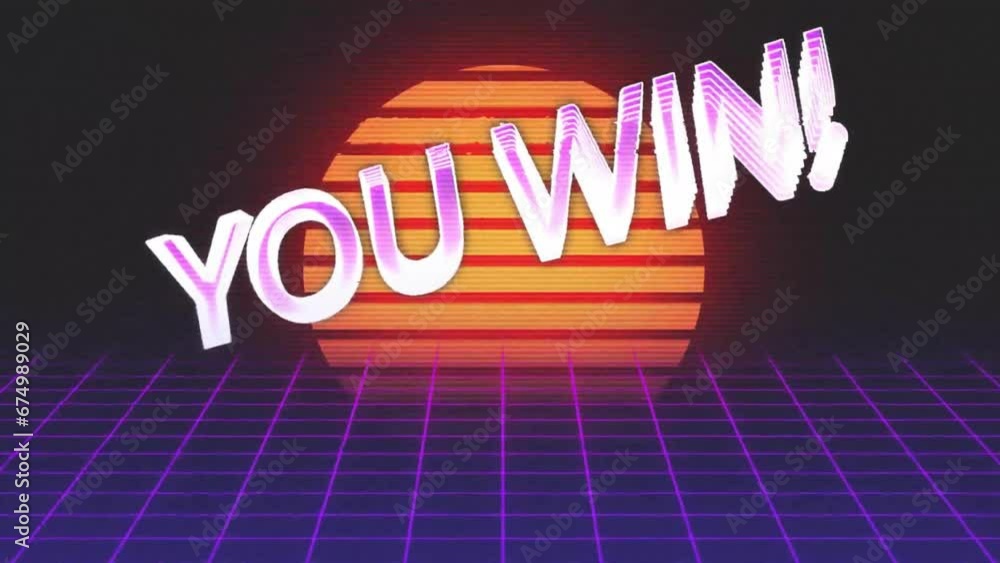 Poster animation of you win text, fireworks and grid pattern with sun over black background