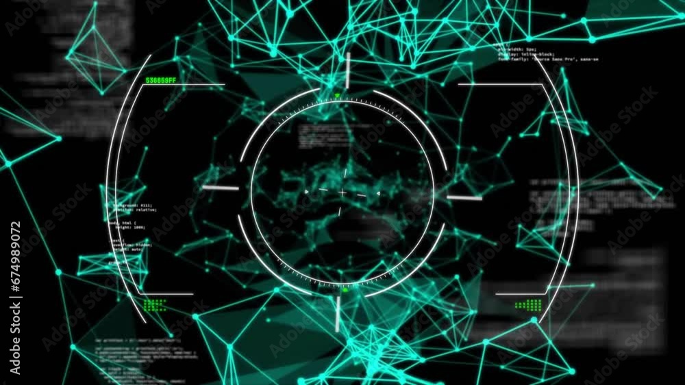Poster animation of circles, computer language and connected dots over black background