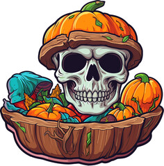 Vector illustration of a Halloween skull in a wooden bowl with ripe pumpkins