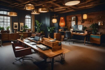 A retro-inspired office with vintage furniture and decor.