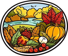 Vector illustration of an autumnal scene with colorful foliage and an abundance of harvest