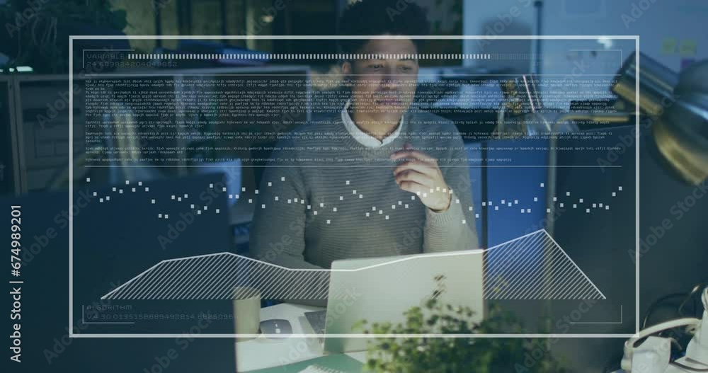 Poster animation of graphs, loading bar and data over thoughtful biracial man analyzing reports on laptop