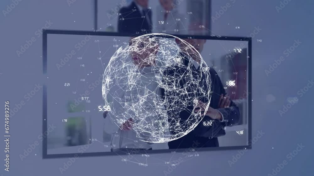 Poster animation of number around globe over diverse coworkers standing and discussing in interfaces