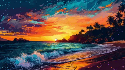 Fototapeten Colorized lilula beach oahu sunset pointillism painting wallpaper image AI generated art © Biplob