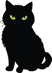 Vector illustration of a black cat with bright green eyes isolated on a white background.