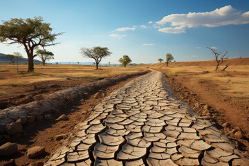 Fototapeta premium Barren and eroded soil in an agricultural field, symbolizing the consequences of soil pollution and overuse of pesticides. Generative Ai.
