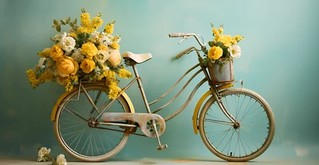 Deurstickers yellow bicycle with flowers, A bicycle with a basket of flowers on the front generative ai image © zaryab