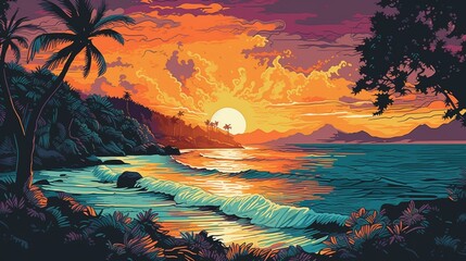 Colorized lilula beach oahu sunset pointillism painting wallpaper image AI generated art