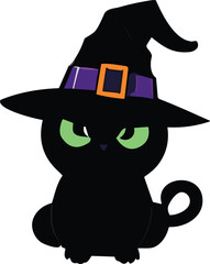 Vector illustration of a black cat with bright green eyes isolated on a white background.