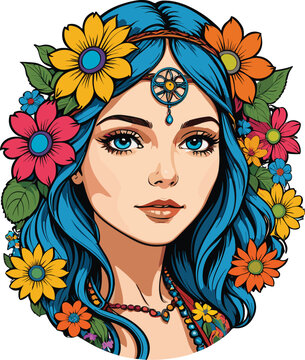 a woman with blue hair and flowers in her head is in front of a circle