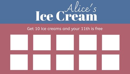 Illustration of alice's ice cream, get 10 ice creams and your 11th is free text with blank boxes