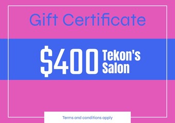 Illustration of gift certificate, 400 dollar tekon's salon text on pink and blue background