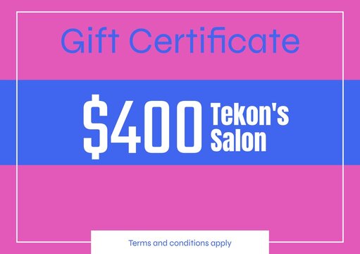 Illustration of gift certificate, 400 dollar tekon's salon text on pink and blue background - Powered by Adobe