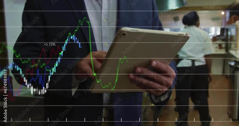 Poster animation of financial data processing over biracial businessman using tablet