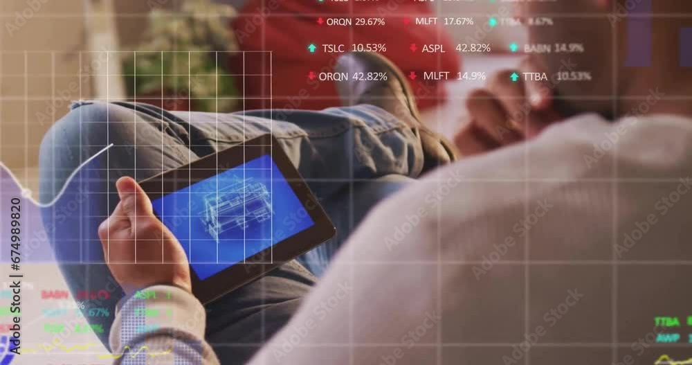 Aufkleber animation of financial data processing over caucasian man using tablet