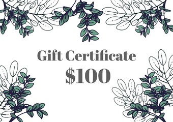 Illustration of gift certificate and 100 dollar text with leaves on white background, copy space
