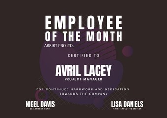 Illustration of employee of the month assist pro ltd, certified to avril lacey, project manager text - Powered by Adobe