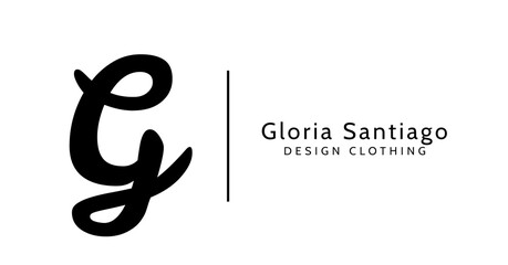 Illustration of letter g with gloria santiago design clothing text on white background, copy space