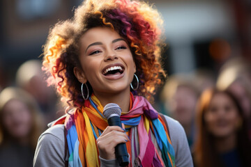A powerful LGBTQ+ youth advocate delivering a speech at a pride event, underlining the role of youth in advocacy. Generative Ai.