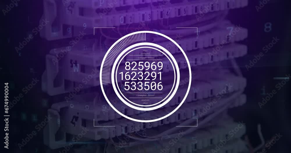 Poster animation of changing numbers on round scanner, cyber security data processing over computer server