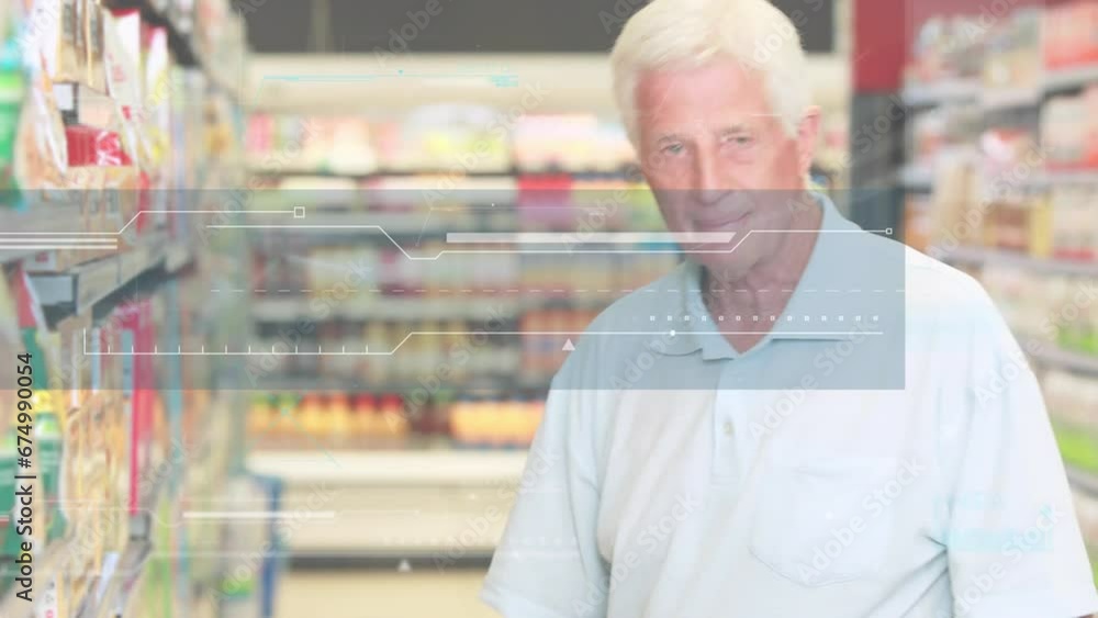 Poster animation of interface with data processing against caucasian senior man smiing at supermarket store