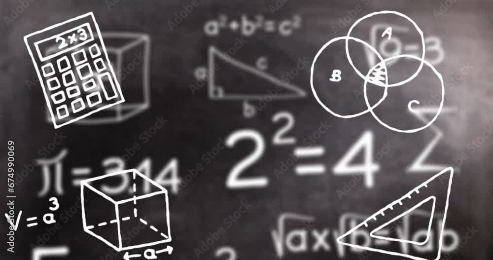 Poster animation of mathematics concept icons over mathematical equations on black chalkboard background
