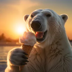 Fotobehang Polar bear eating ice cream. Generative ai.  © PixelHD