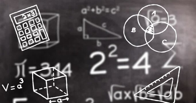 Animation of mathematics concept icons over mathematical equations on black chalkboard background