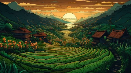 Foto op Canvas Colorized paddy field night house style wallpaper image AI generated art © Biplob
