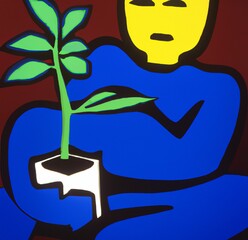 AI generated abstract illustration of human-like creature holding a pot of a houseplant - obrazy, fototapety, plakaty