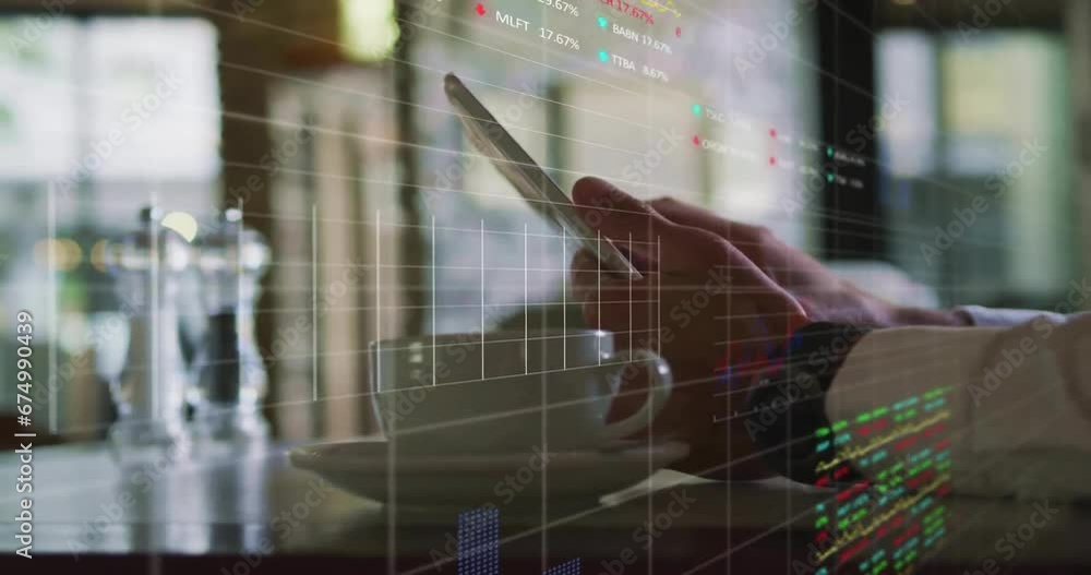Aufkleber animation of financial data processing over caucasian man using tablet