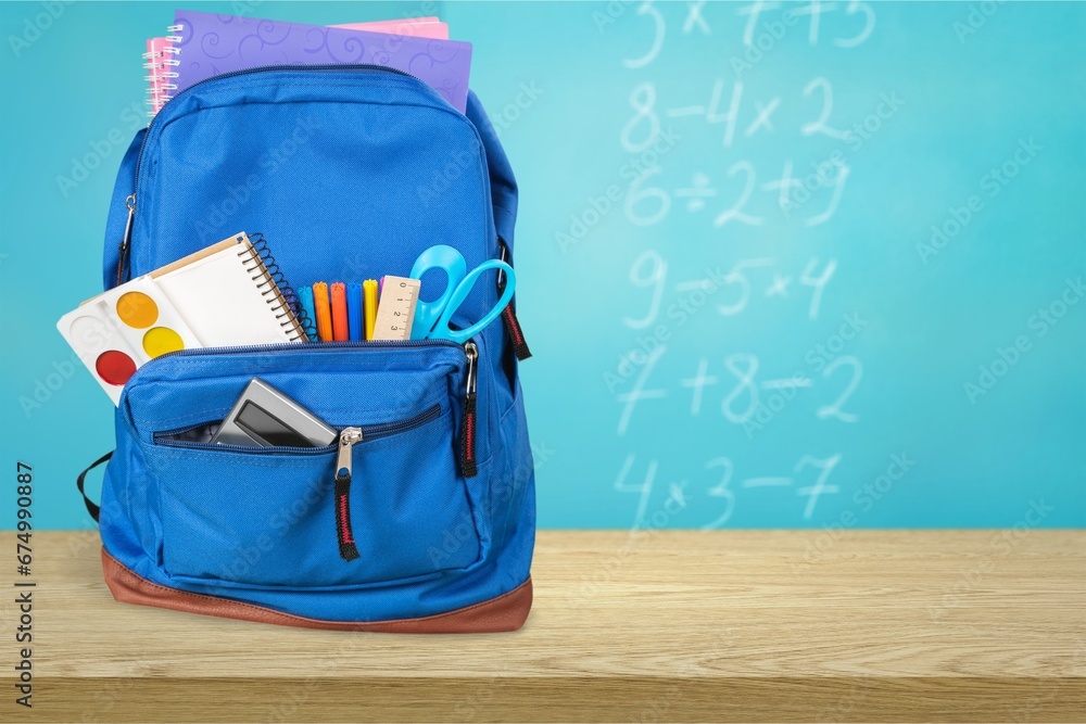 Sticker blue school backpack on background.