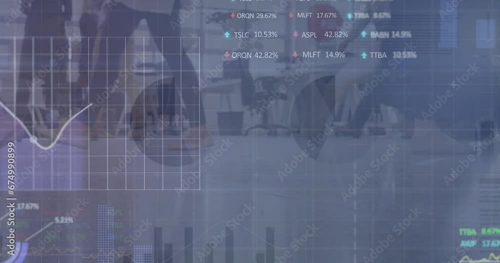 Sticker Animation of statistical, stock market data processing over low section of people walking at office