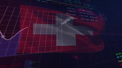 Animation of statistical and stock market data processing against waving switzerland flag - Powered by Adobe
