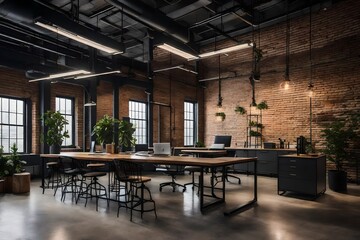 Fototapeta na wymiar An industrial-chic office with brick walls and metal accents.