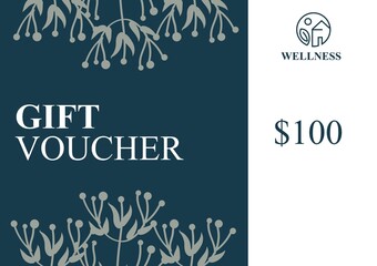 Illustration of wellness with gift voucher and 100 dollar text with flowers on color background
