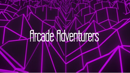 Illustration of arcade adventures text with purple grid abstract patterns on black background