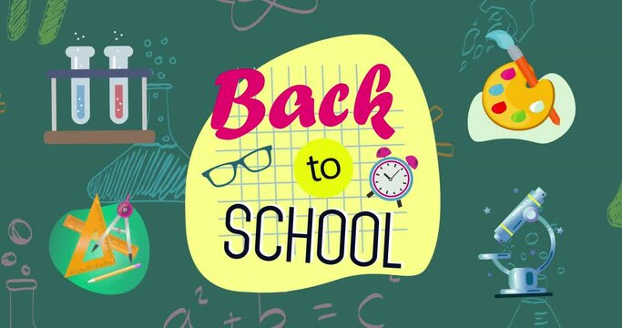 Animation of back to school text banner over science concept icons against green background