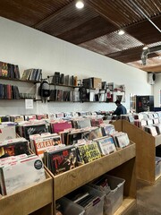 the interior of a music store that looks empty, with many records on the shelves