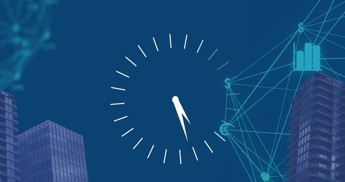 Animation of ticking clock and globe of financial icons spinning against tall buildings - Powered by Adobe