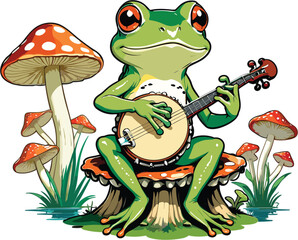 Vector of a green frog playing a banjo in a grassy field with toadstool mushrooms