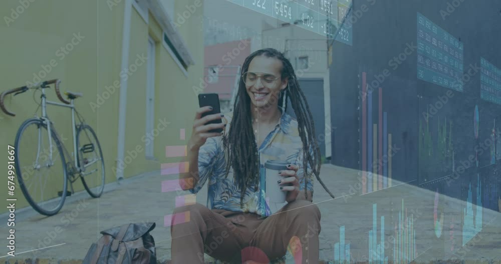 Poster animation of statistical data processing over happy biracial man using smartphone on the street