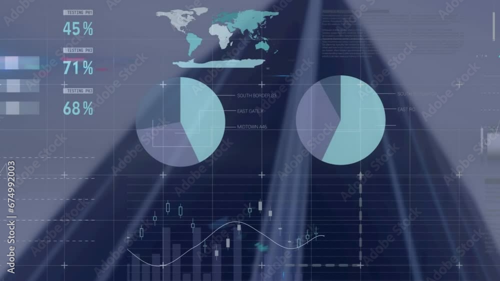 Poster Animation of statistical data processing against low angle view of tall building