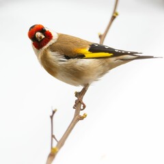 Closeup of small European Goldfinch bird perched on a twig on the background of the snowy landscape