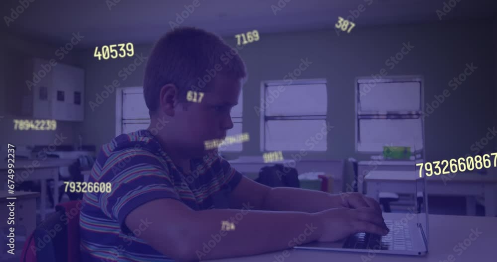 Sticker Animation of multiple changing numbers against caucasian boy using laptop in class at school